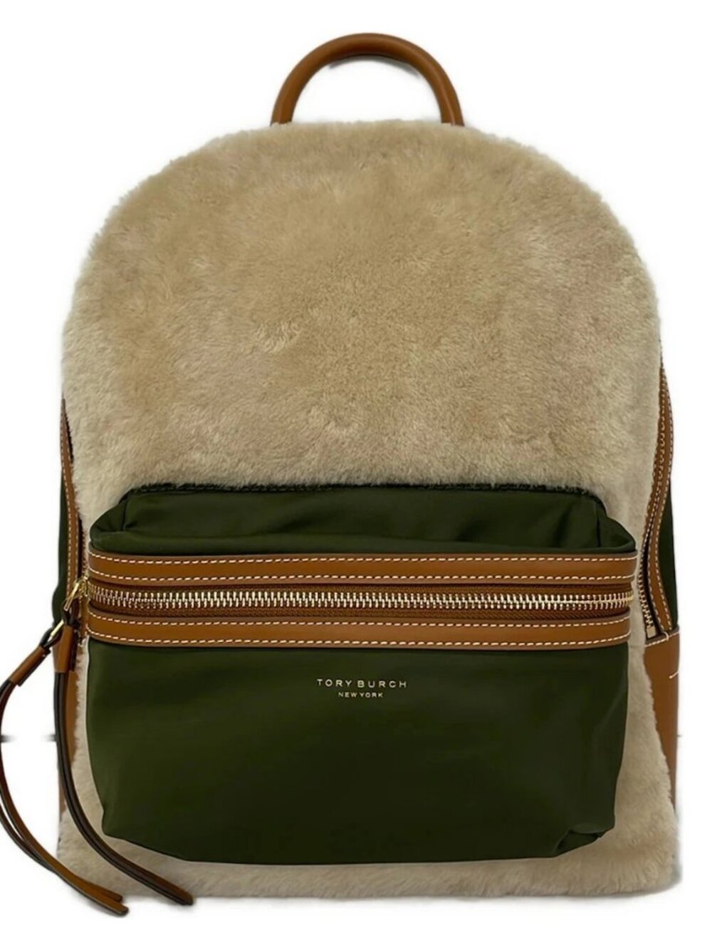 TORY BURCH Cream Brown Khaki Mouton Leather Nylon Backpack